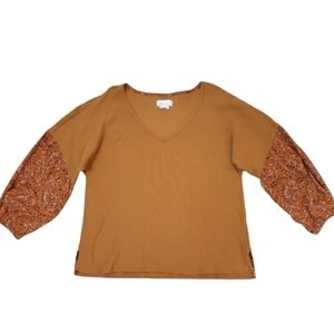 Antropologie Samia Orange/Brown Blouse Textured Cotton Top Blouse V-Neck Size L.